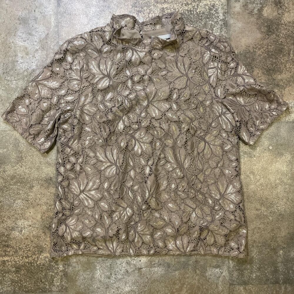 h&m beige crochet floral overlay top with frilly collar size small